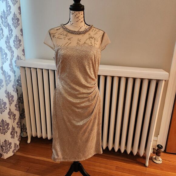 Lauren Ralph Lauren Evening Gold Dress w/ Sheer Bodice, Neck Embellishment Sz 8 - Picture 2 of 15